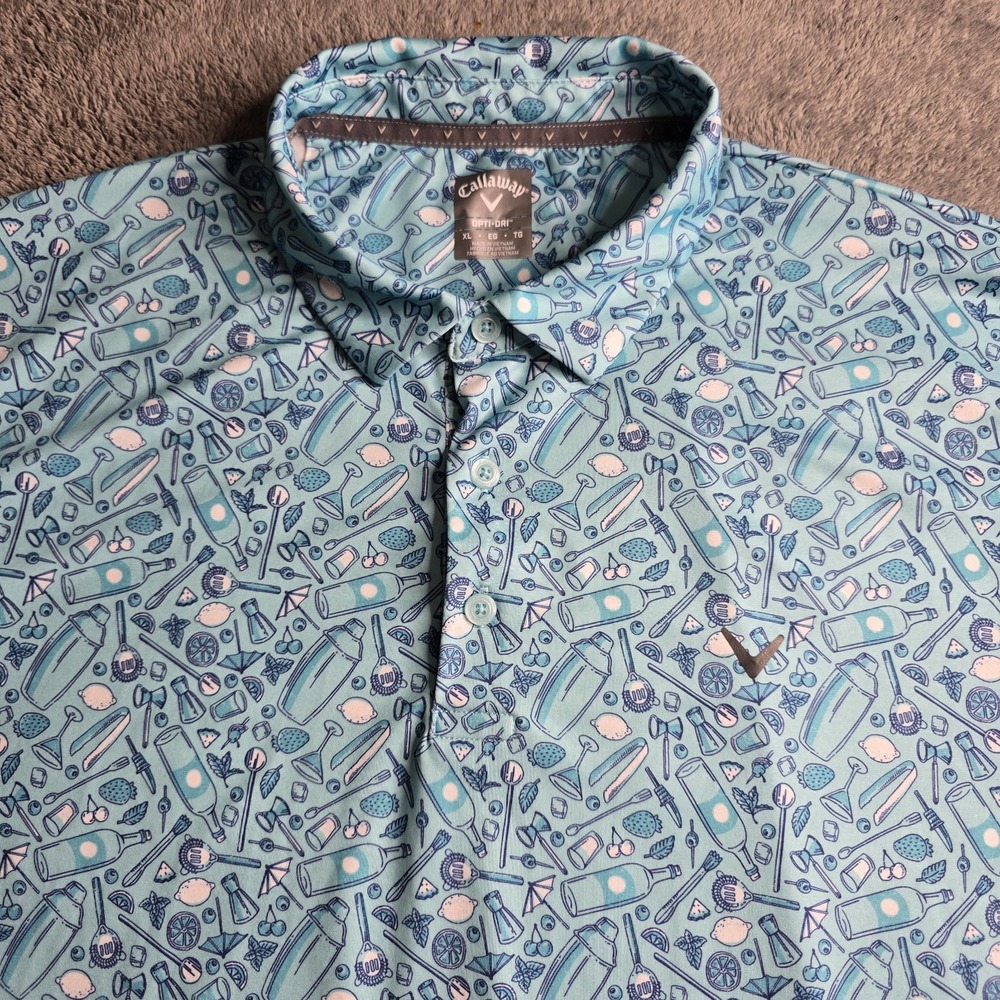 Callaway Golf Polo Mens XL Blue Opti-Dri Tropical Cocktail Mixology Print AOP